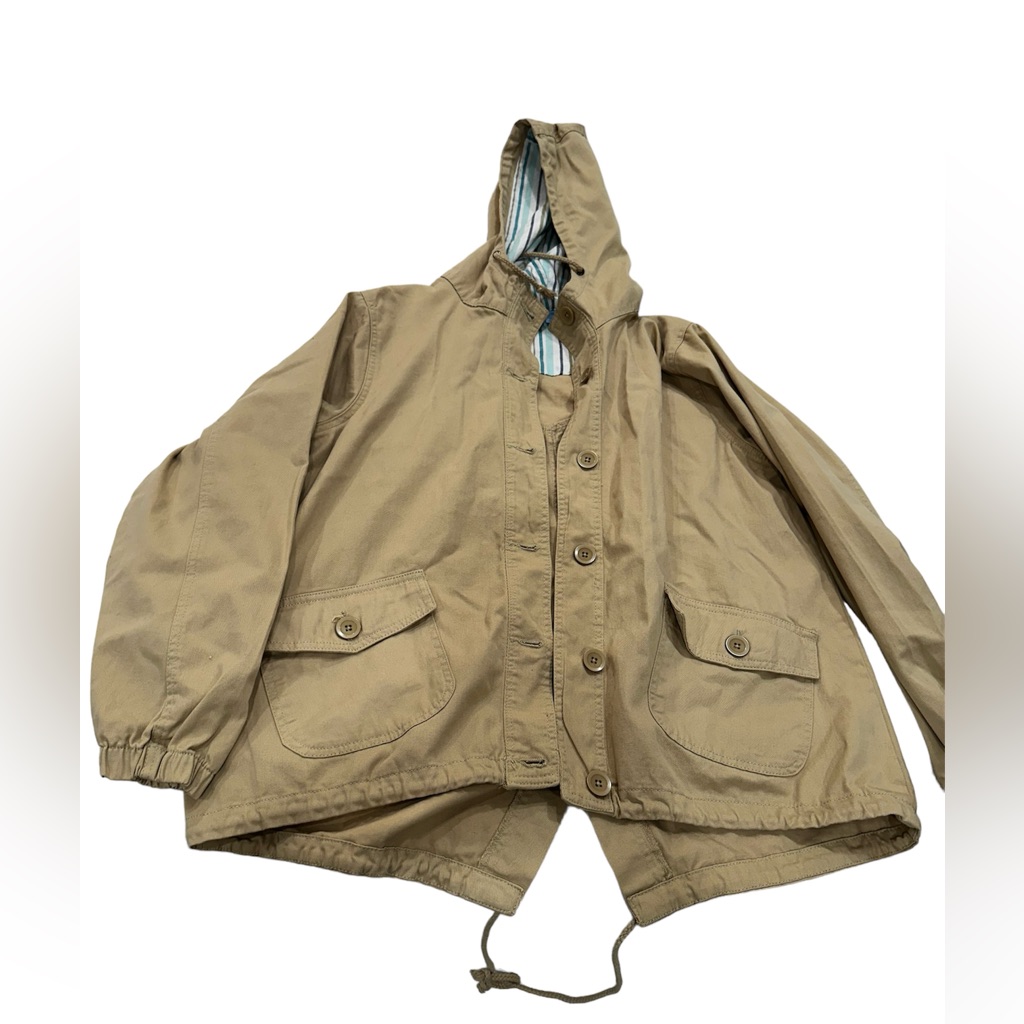 Karet Full Buttoned Jacket Womens M Tan Front Pocket Hooded Long Sleeves